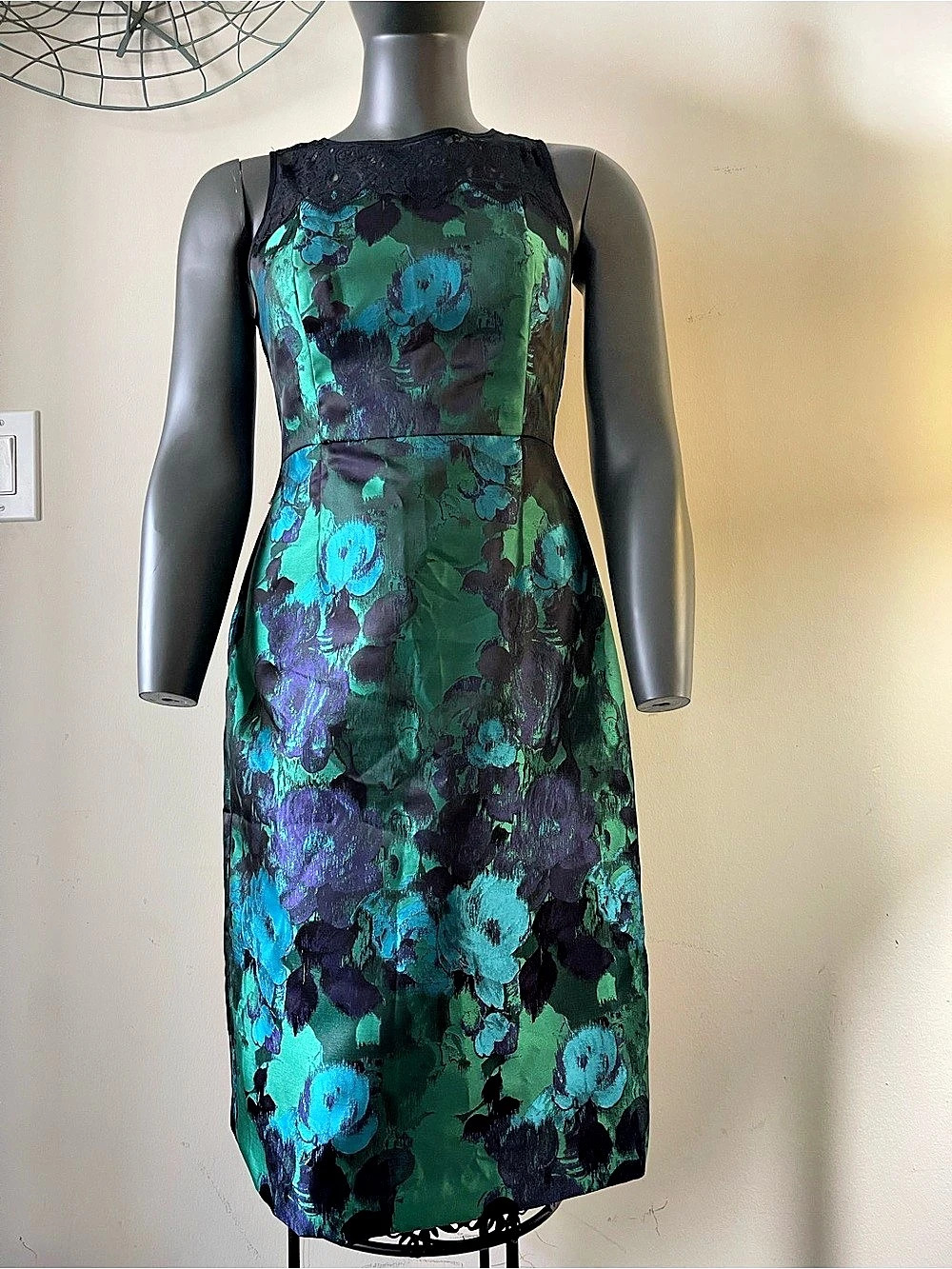 Leifsdottir Anthropologie Floral Lace Sheath Midi Dress Size 2 Green Blue